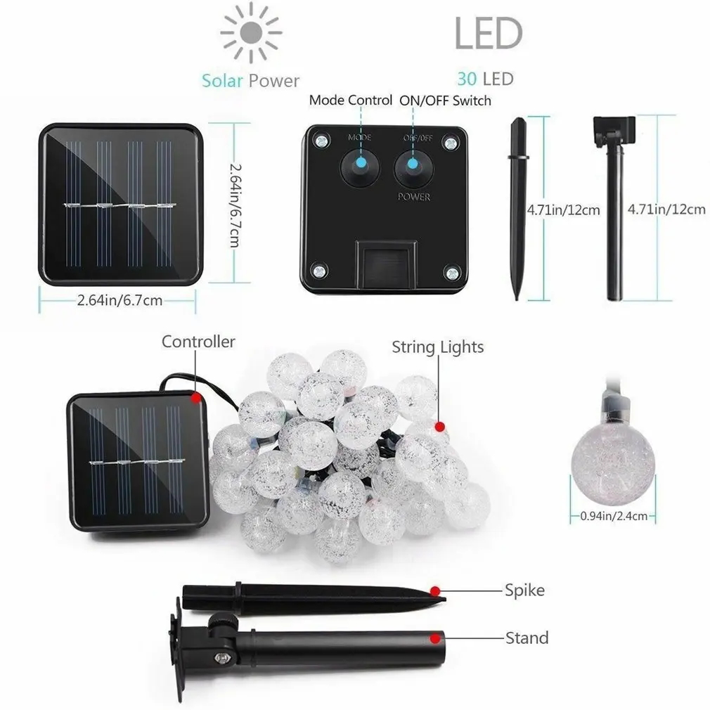 Светодиодный пузырьковый светильник 6 метров 30 лампочек солнечный наружный