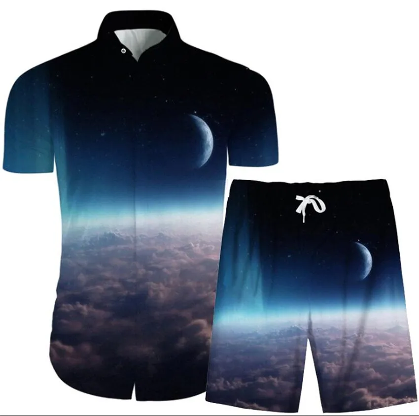 

KISSQIQI Summer Men 2 Piece Set Starry Sky Shirt Set Casual Male Wear Creative Shirt and Shorts Maximum Asian Size XXS-3XL