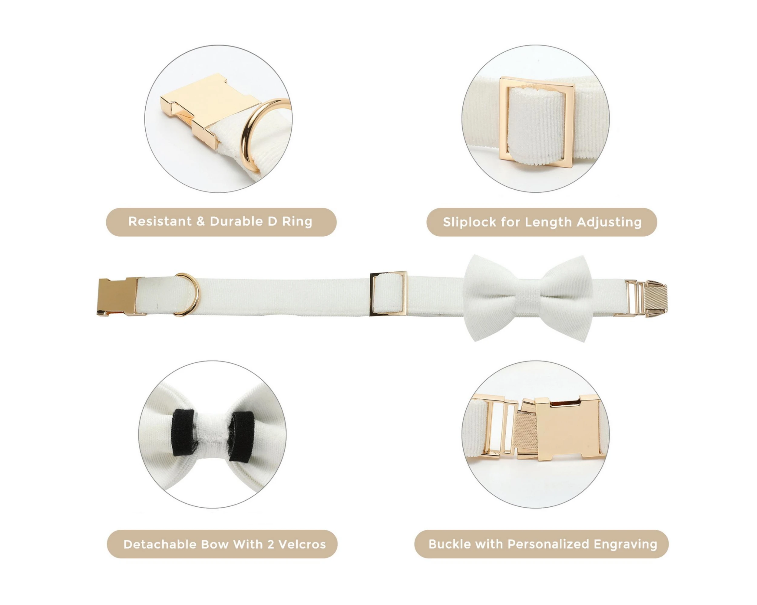 Белый персонализированный собачий ошейник с бантом и поводком бархатный на