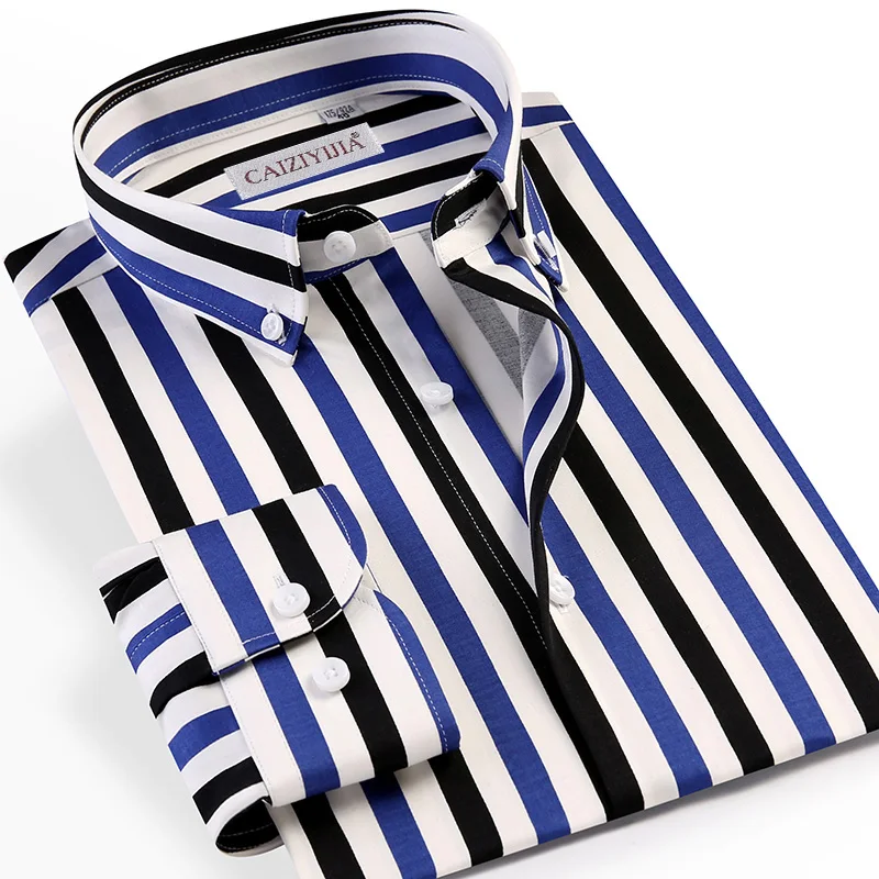 

Men's Fashion Multi-Color Striped Long Sleeve Shirts Pocket-less Design Button-down Standard-fit Holiday Casual Tops Shirt