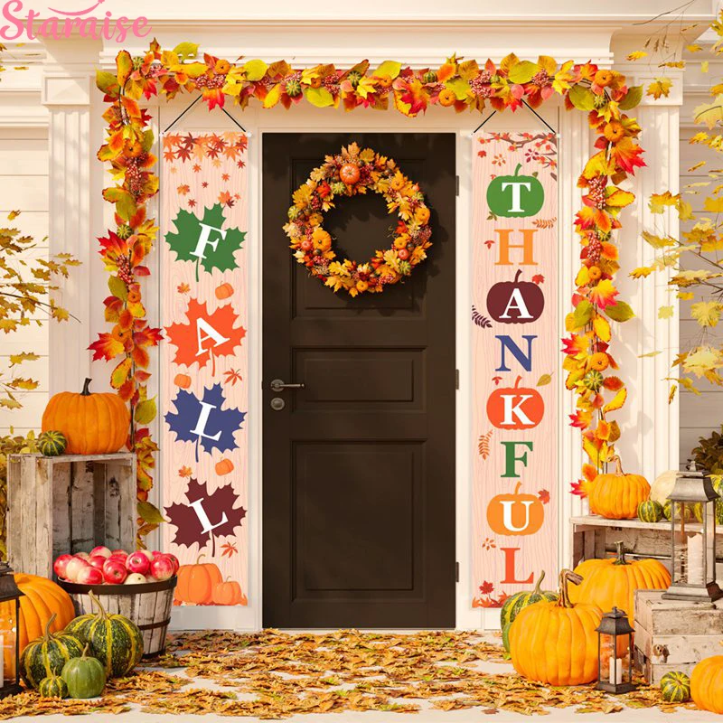 

Thanksgiving Decorations Fall Porch Sign Happy Fall Thankful Banner Maple Leaf Sign Autumn Thanksgiving HangFlag for Yard Indoor