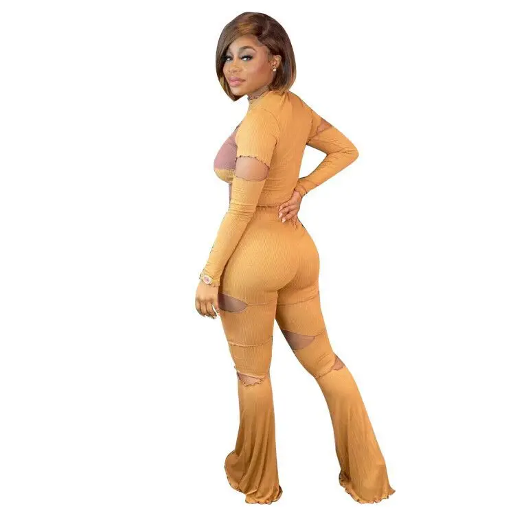 

HAOOHU Elastic Hight Ribbed Knitted Suit Women Match Long Sleeve Crop Top and Hollow Hole Flare Pant Sexy 2 Piece Set
