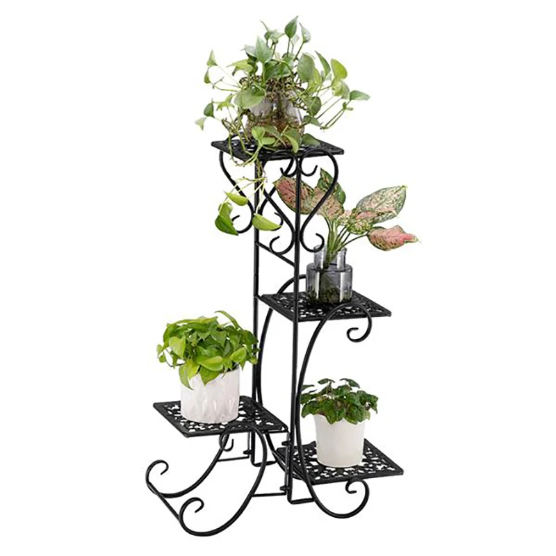 

One Set Black Paint 32.3 Inches High 4 Square Patterned Potted Plants Stand Iron Living Room Simple Flower Pot Multilayer Rack