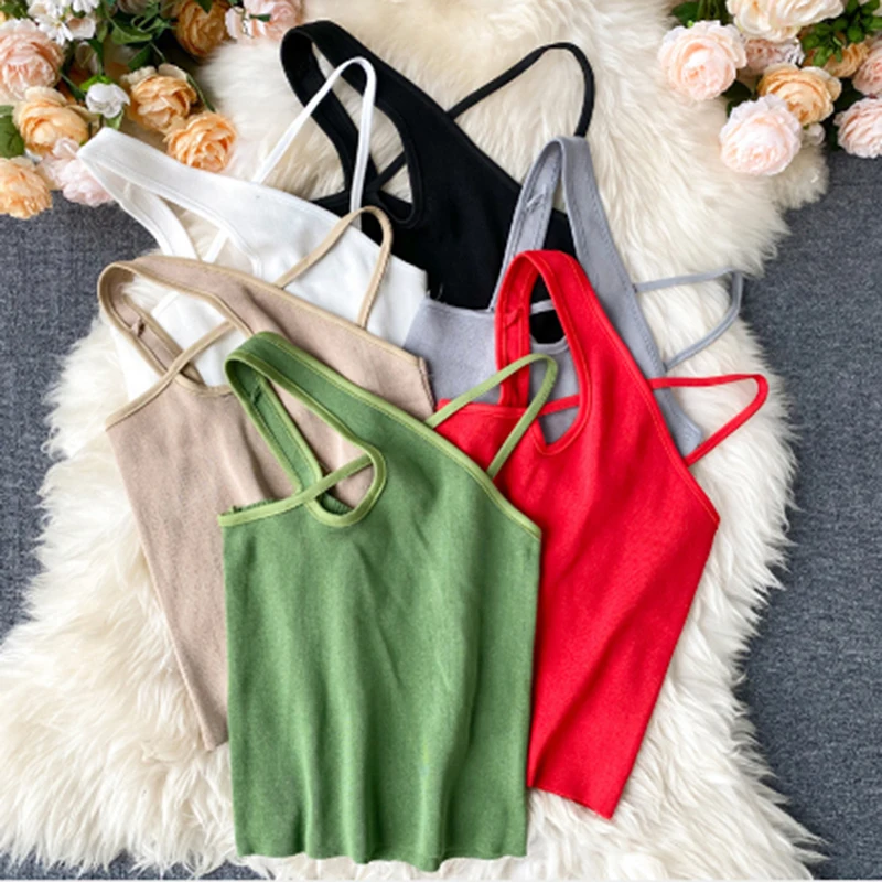 

Sexy Cross Vests Slim Female Camisole Summer Hollow Out Streetwear Sleeveless Crop Top Solid Color Basic Women Cropped Tops