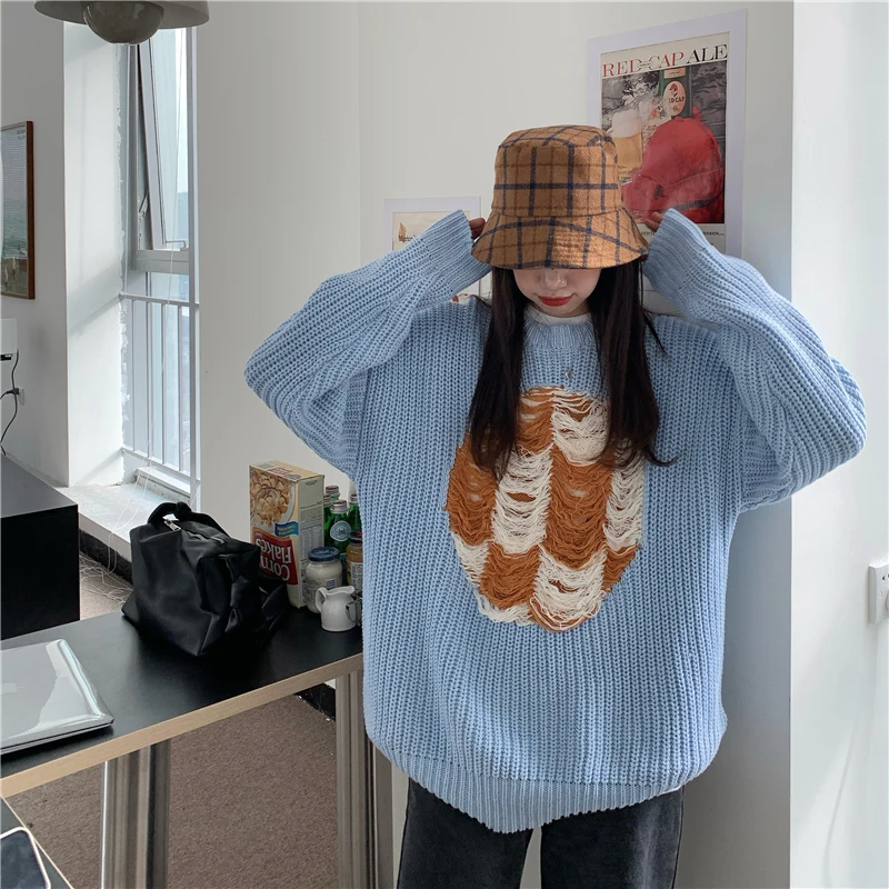 

Autumn and winter new loose round neck stitching loose knit sweater