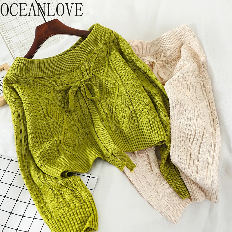 OCEANLOVE Slash Neck Short Pullovers Solid Bow Lace Up Fashion Women Sweaters Girls Korean New Pull Femme Loose Tops 13456 | Женская