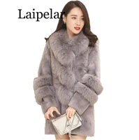 laipelar winter faux fur collar coats outerwear 2020 autumn runway fashion thick warm slim party long faux leather rabbit fuax