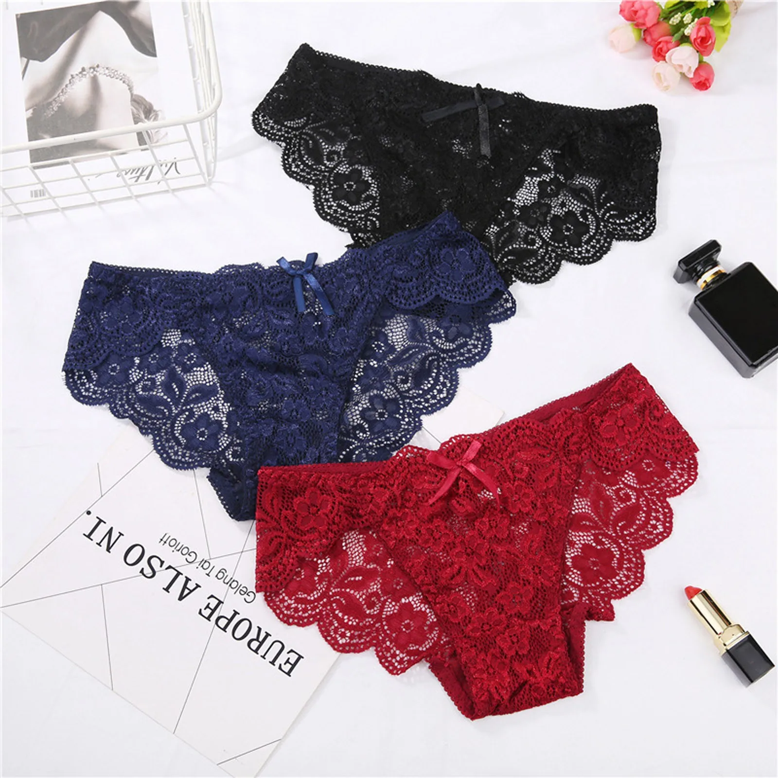 

3PC Underwear Women Bownot Lace Floral Panties Transparent Sexy Lingerie Female Briefs Low Waist Underpants Sexy Thongs G string