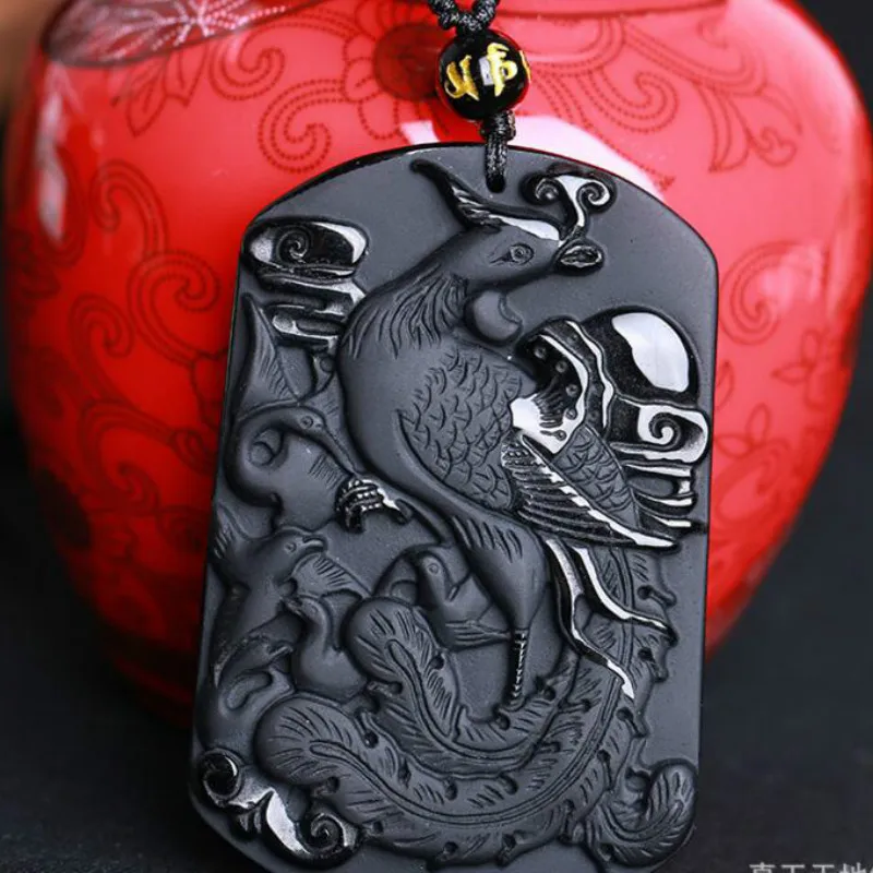 Ожерелье из натурального черного обсидиана с подвеской в виде феникса модное