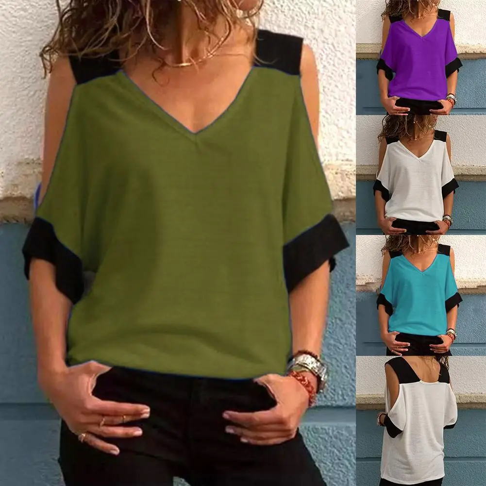 Женская модная футболка контрастных цветов с открытыми плечами и v образным