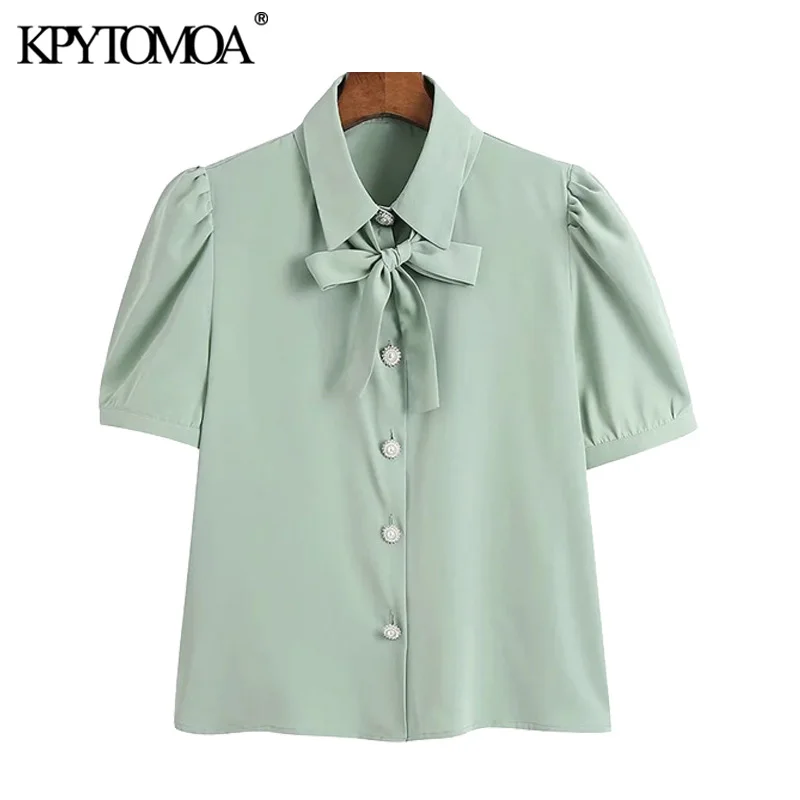 

KPYTOMOA Women 2021 Fashion With Bow Tie Office Wear Blouses VIntage Puff Sleeve Button-up Female Shirts Chic Tops