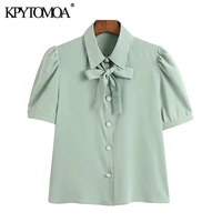 kpytomoa women 2021 fashion with bow tie office wear blouses vintage puff sleeve button up female shirts chic tops