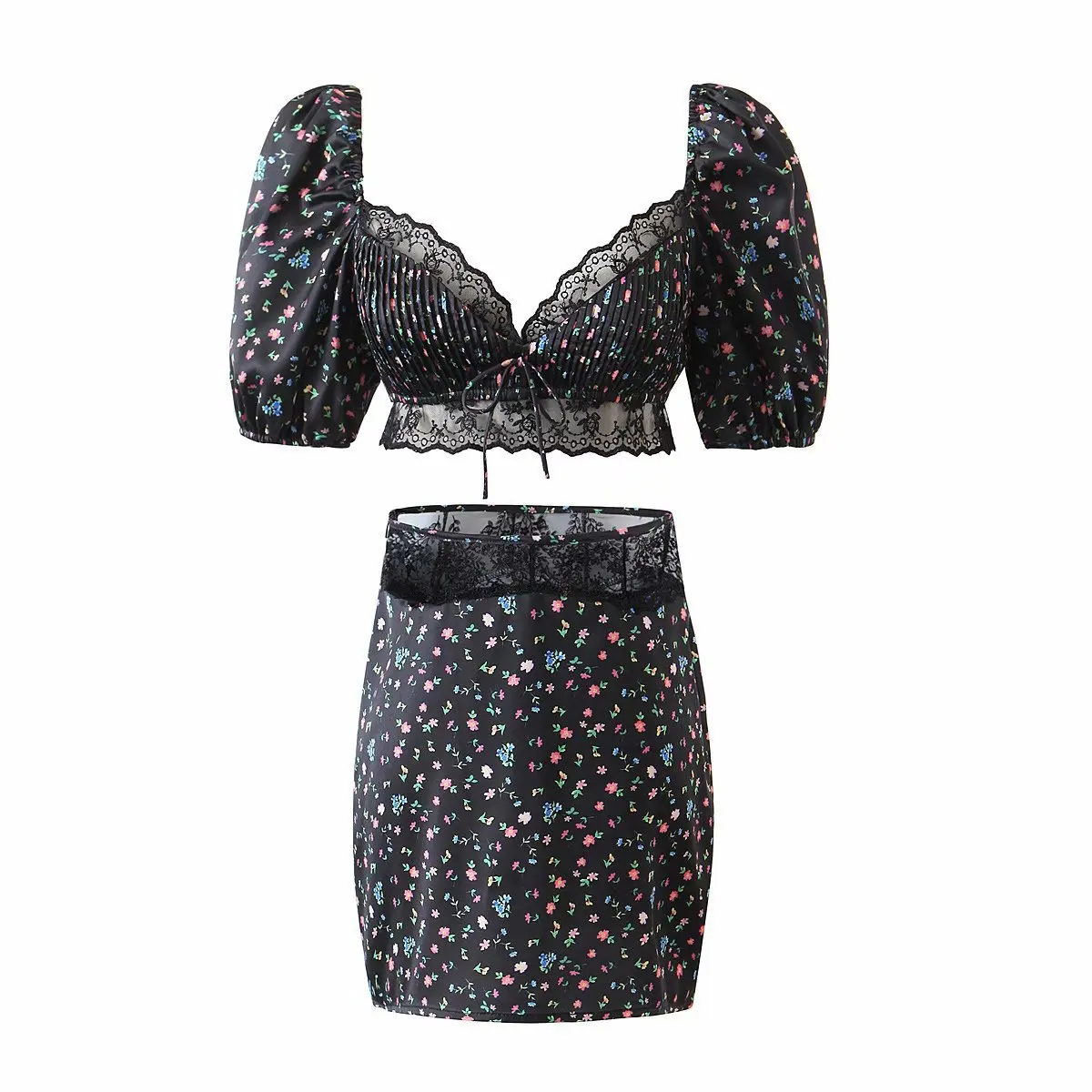 

Summer Women's Sweet Lace Super short Top Tee Hip Chiffon Mini Skirt Suit