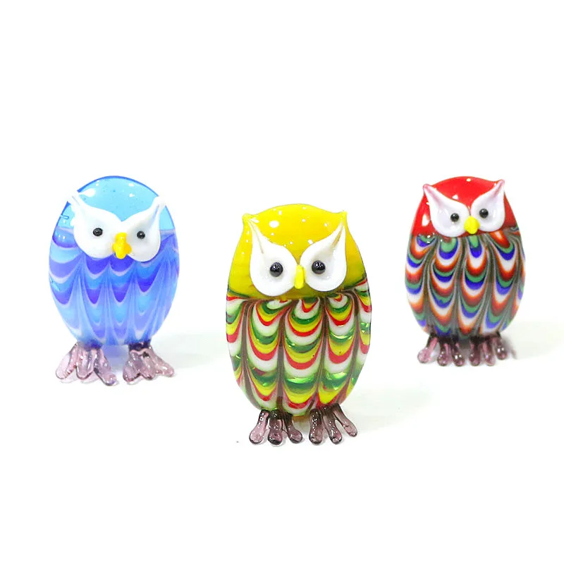 

Flat Body Handmade Glass Owl Miniature Figurine Colorful Cute Animal Craft Ornament Kids Room Home Desktop Xmas Decor Collection