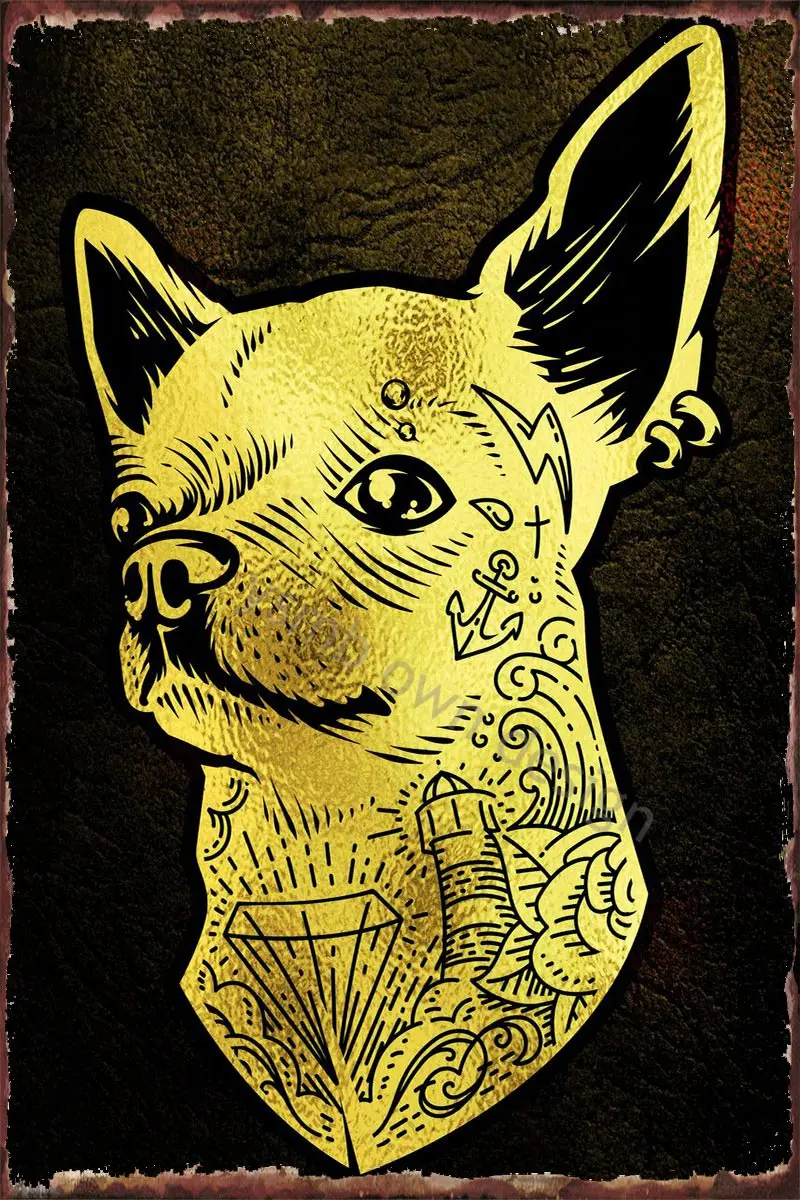 

Винтажная металлическая вывеска-тату чихуахуа в стиле ретро, жестяные таблички, Настенный декор, украшение для комнаты, художественный паб,...