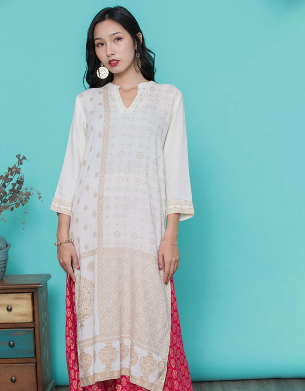 Новые женские модные комплекты в этническом стиле хлопок печати Индии Kurtas три четверти рукав длинный топ брюки