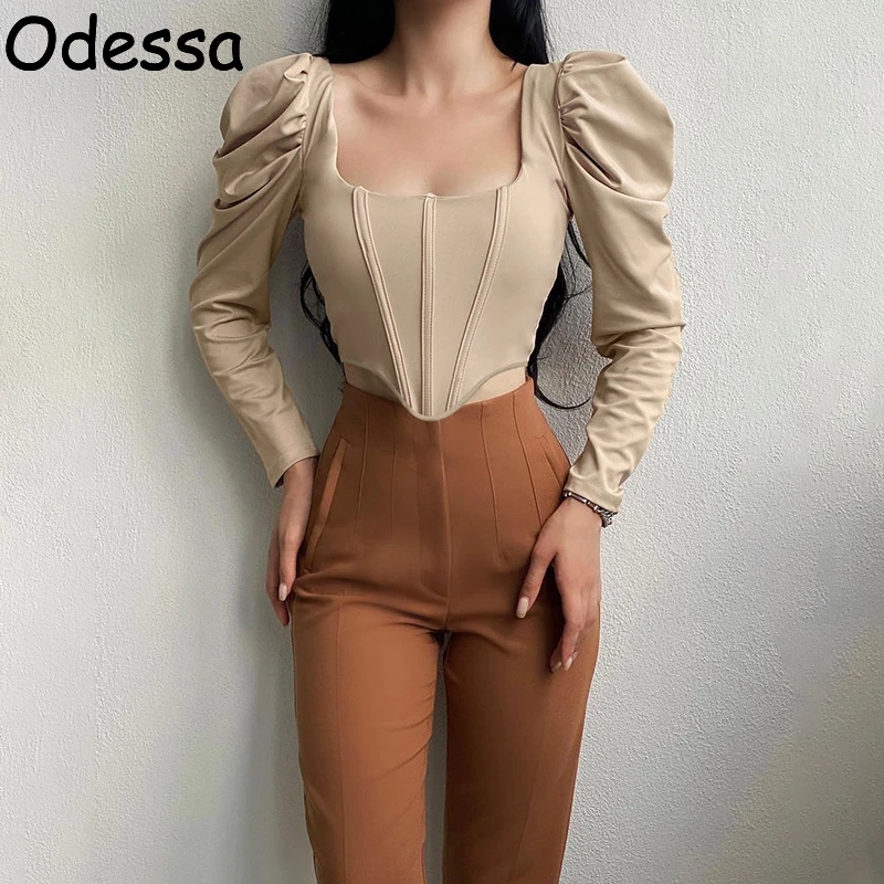 

Odessa Long Sleeve Sexy Corset Crop Top 2021 Vintage Puff Sleeves Women Elegant Tube Winter Autumn Khaki White Black T Shirt Y2K