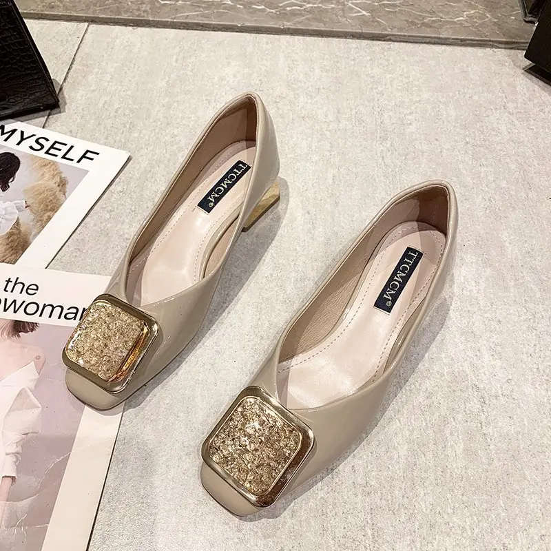 

Women Flats Shoes Low Wooden Heel Ballet Square Toe Shallow Buckle Brand Shoes Slip on Loafer Big Size Mujer Woman Pumps Fashion