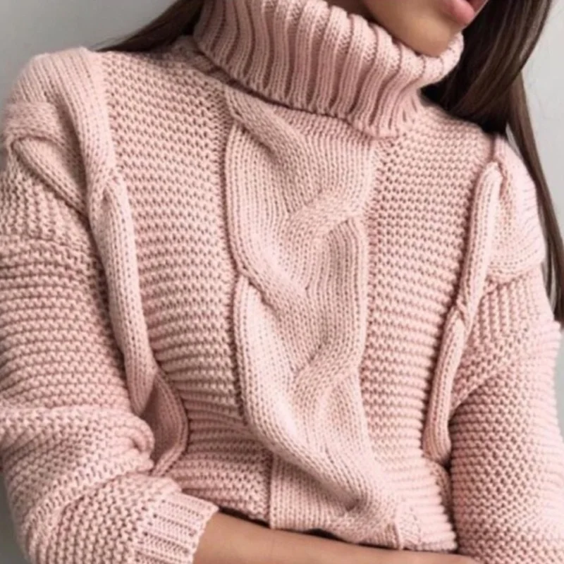 pink Direcly2018 осенний и зимний свитер женский короткий толстый свитер с высоким воротником Женский Теплый однотонный свободный свитер - Цвет: pink