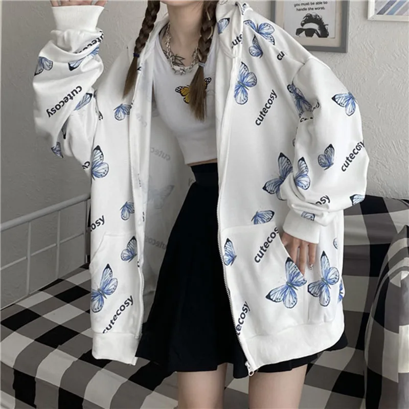 Butterfly Print Zipper Casual grunge Streetwear Harajuku y2k Oversized hoodie Winter Long Sleeve Kawaii Women sweetshirts Top
