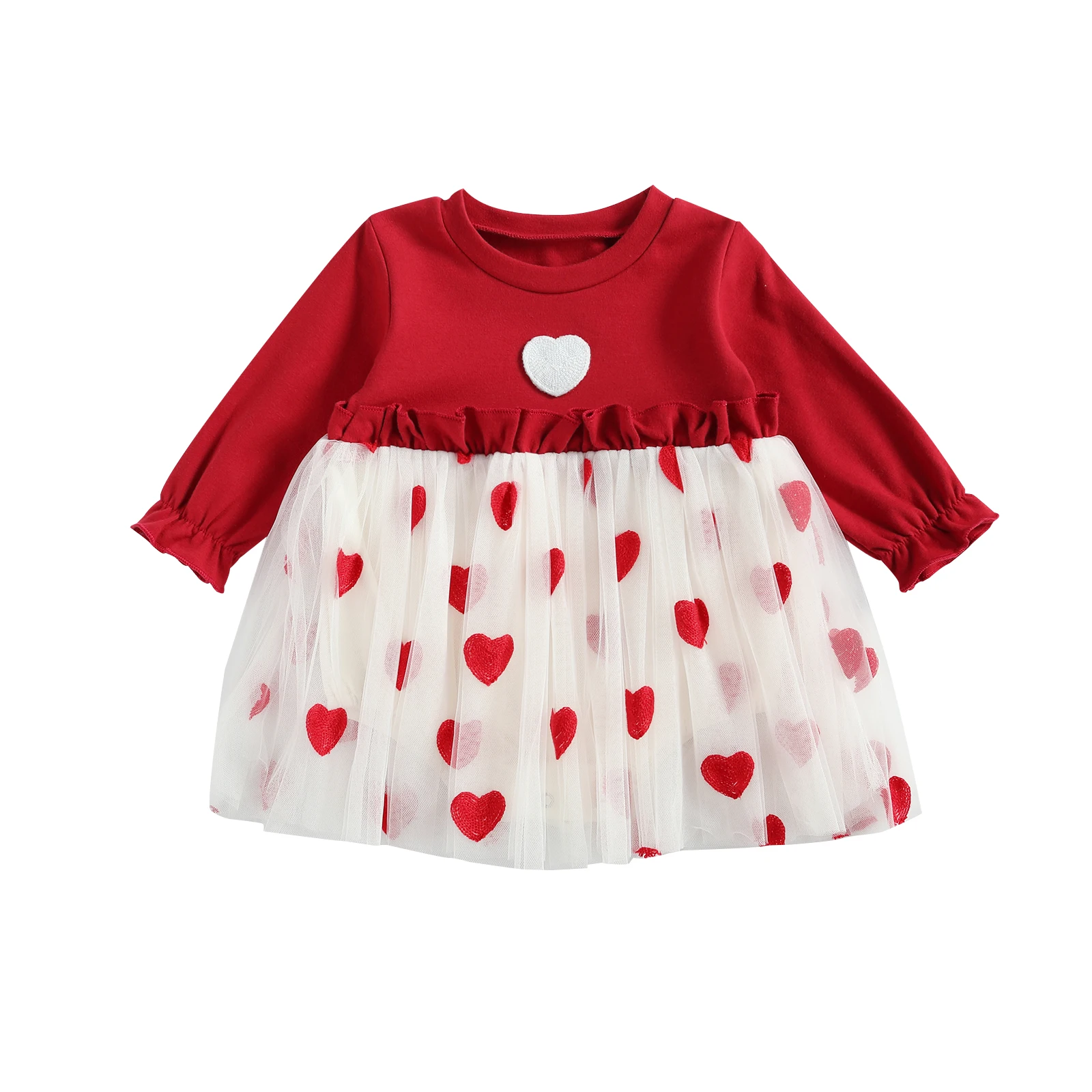 

New Valentine's Day Baby Girl’s Fashion Long-sleeved Jumpsuits Fresh Heart Mesh Yarn Skirt Stitching Triangle Romper