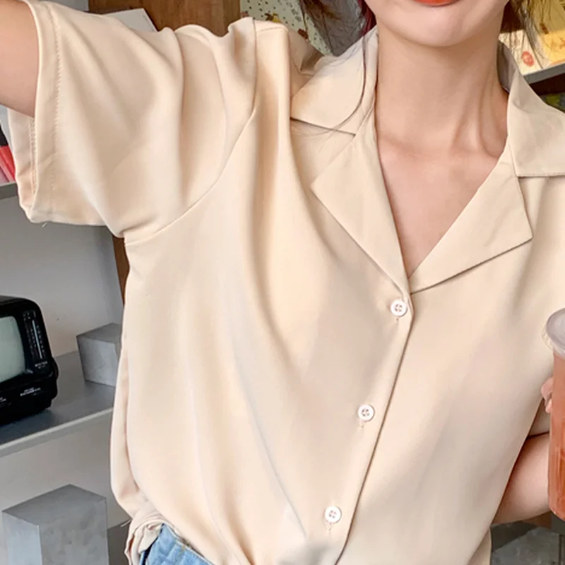 

Shirts Women Korean Style Chiffon Short Sleeve Simple Pure Tops Summer Elegant Office Lady Casual All-match Camisas Para Mujer