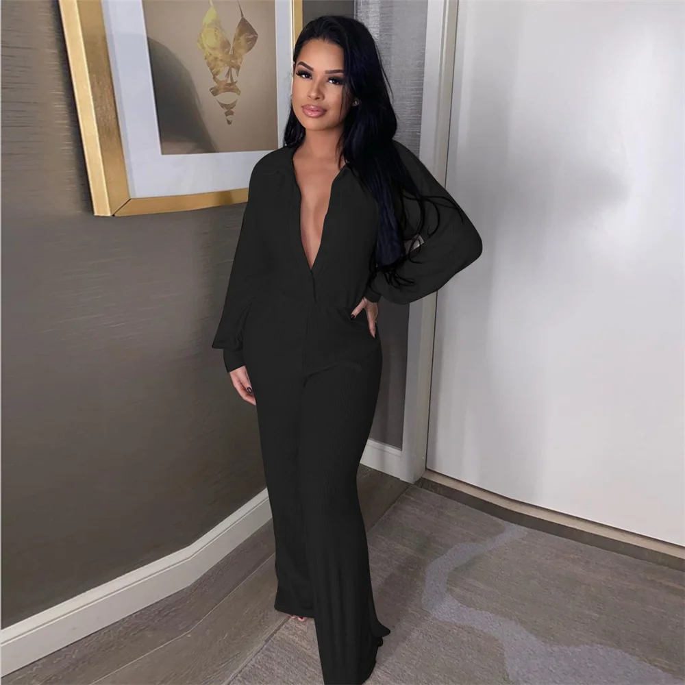 

Knit Ribbed Loose Wide Leg Jumpsuit Female Overalls Elegant Button-up Turn Down Collar Long Sleeve Romper Jump Suits for Women