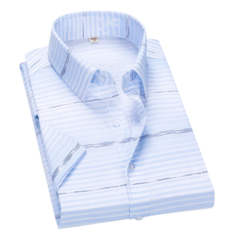 

Loldeal New Short-sleeved Shirt Men Slim Casual Striped Soft Cotton Blend