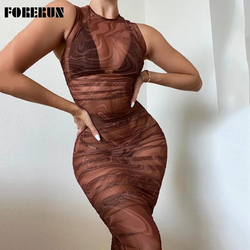 

Сетчатое платье FORERUN, женские летние облегающие платья с рюшами, сексуальное прозрачное мини-платье с принтом и круглым вырезом без рукавов,...