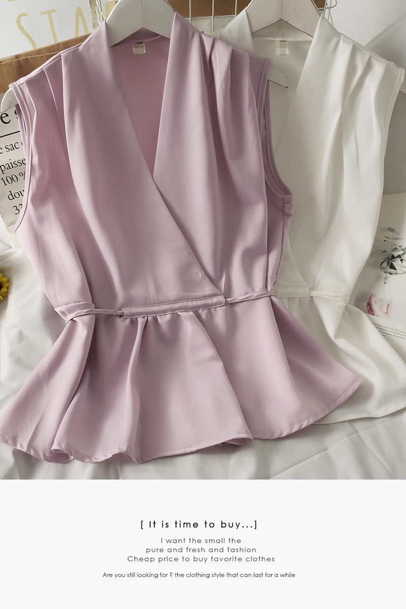 

2021 Summer drawstring ruffled V neck shirt women sleeveless blouses