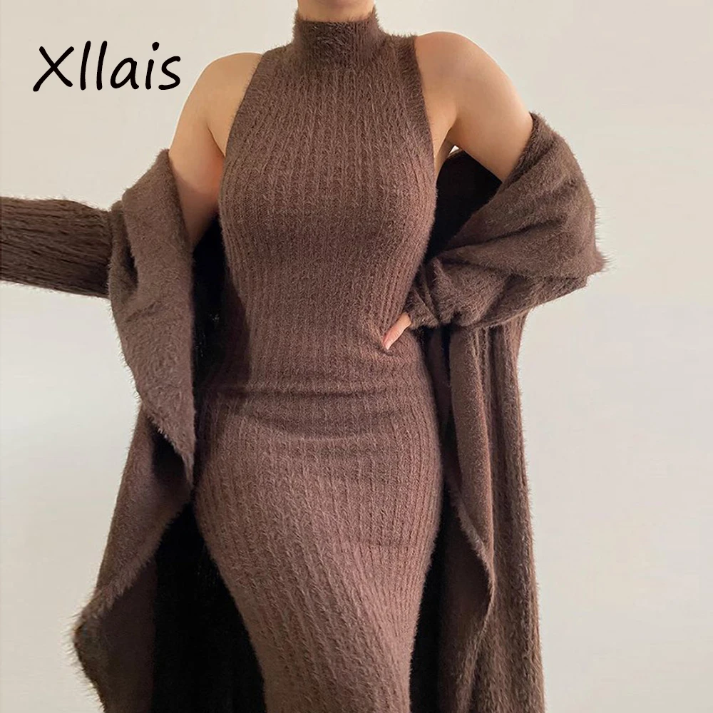 

XLLAIS высококачественное трикотажное бархатное платье, Элегантная водолазка, эластичный облегающий зимний халат, сексуальная клубная вечер...