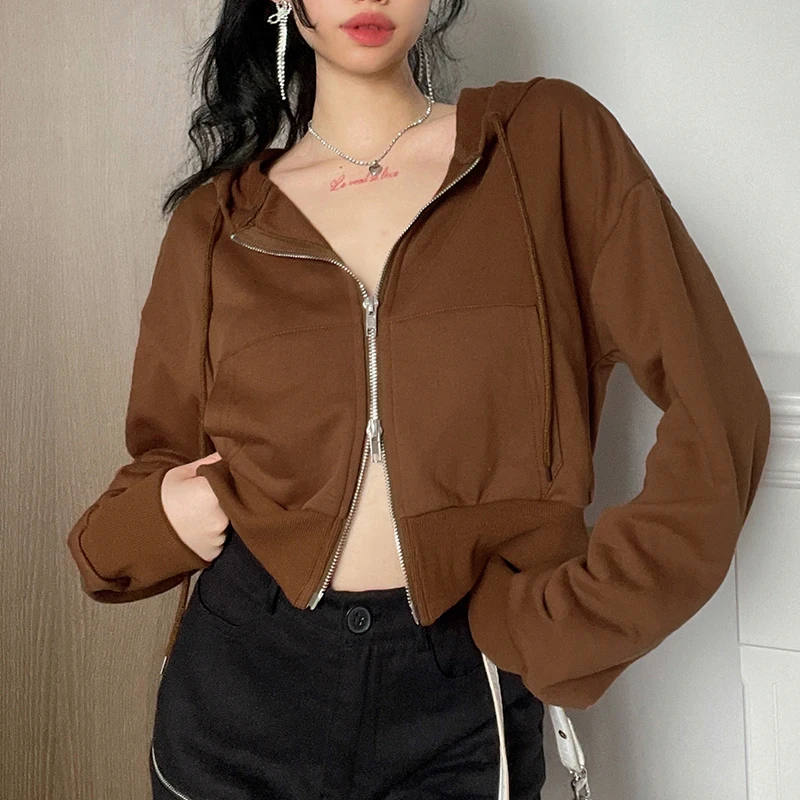 

Double Zip Up Brown Sweatshirts 2021 Summer Goth Hoodies Women Grunge Hooded Jacket Streetwear Retro Crop Clothes