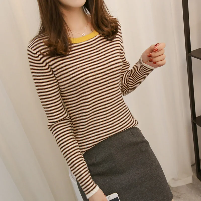 

Autumn Winter 2021 New Pullover Korean Version Round Neck Striped Pullover Long Sleeve Slim Fit Knitted Bottomed Women'S Sweater