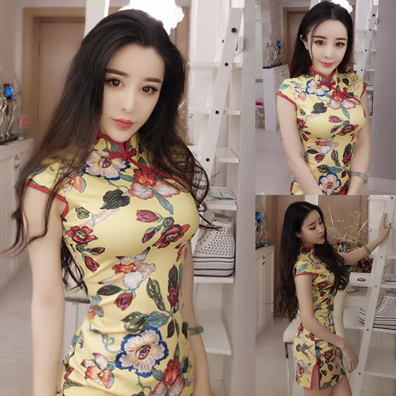 Мини платье Чонсам женское сексуальное для ночного клуба Цветочный принт ретро
