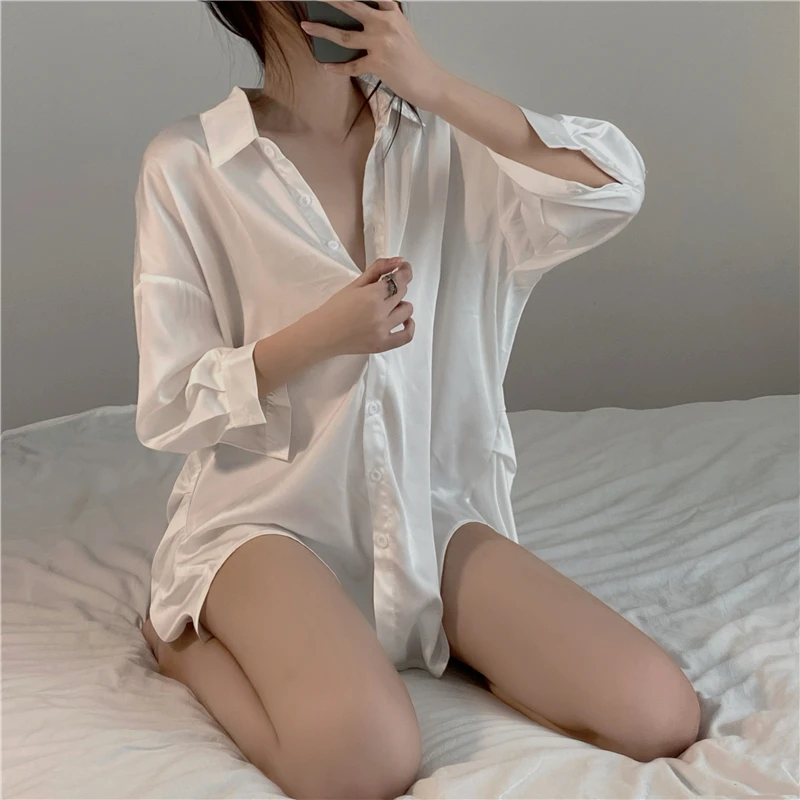 Фото Халат женский атласный тонкий шелковая однотонная модная Пижама пикантная