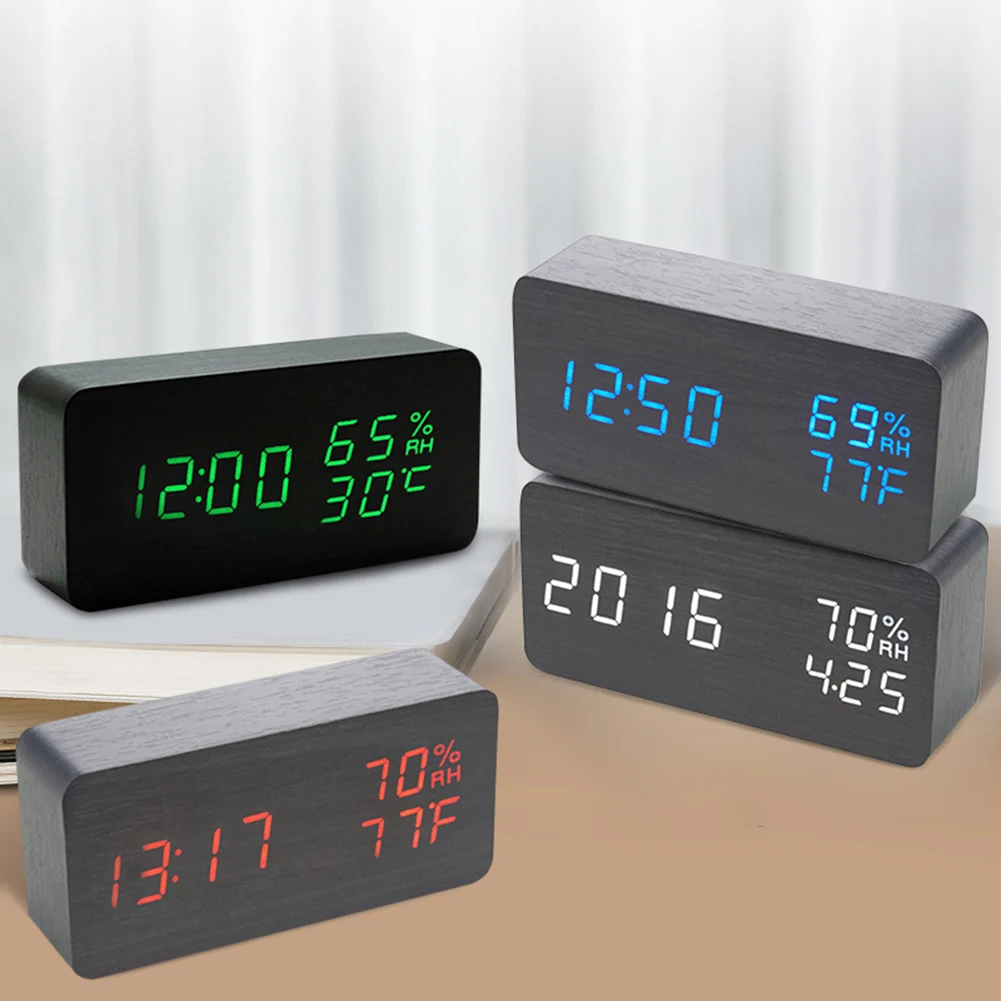 

Wood Electric Desk Clock Digital Alarm Clock with 12/24H LED Time/Date/Temperature Display, Snooze, Sound Control Sleep