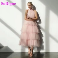 sodigne white a line ruffles tulle prom dresses high neck tiered skirt tea length evening party gowns short women formal wear