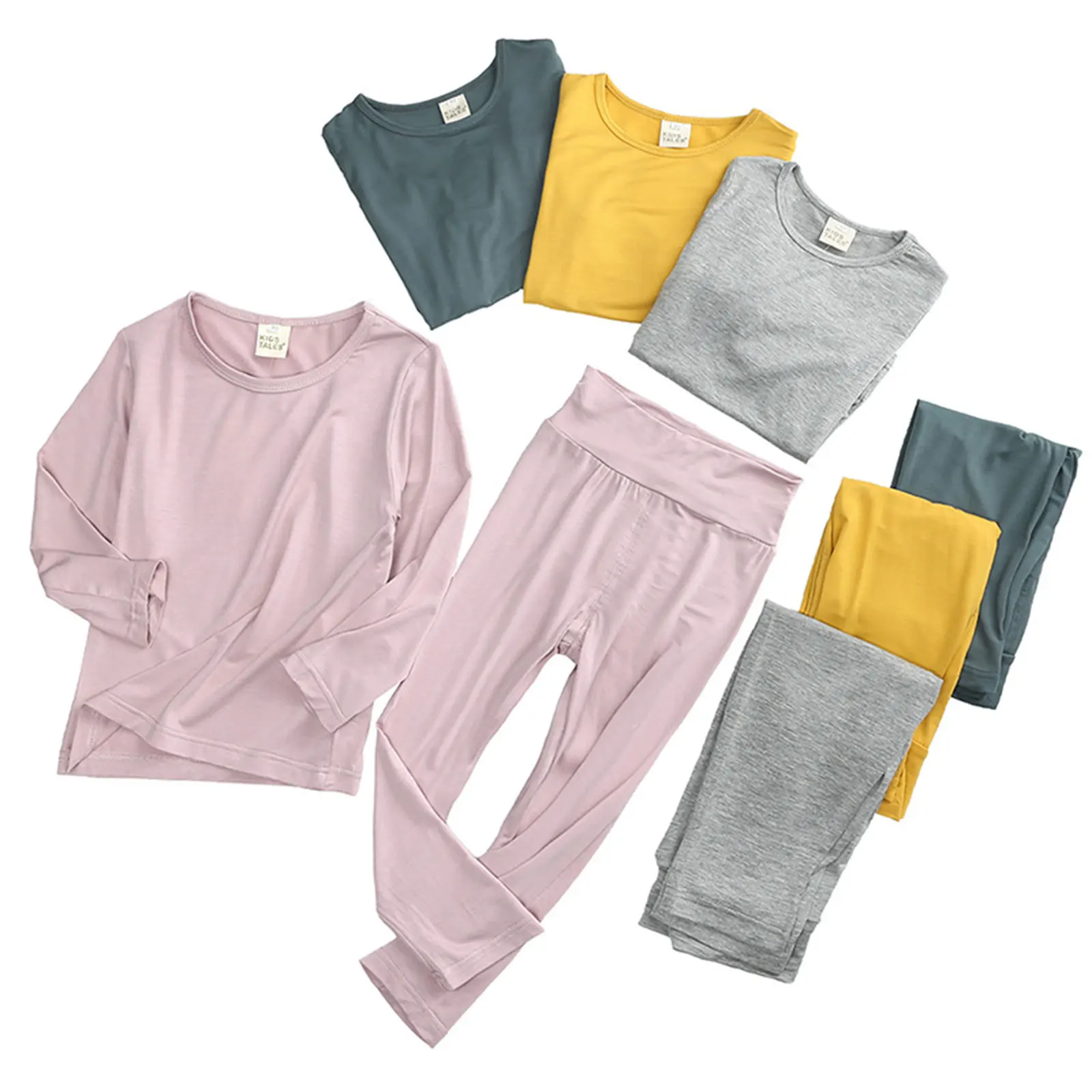 

2021 1-7Y Unisex Casual Outfits Kids Solid Color Long Sleeve Round Neck Pullover Top+High Waist Belly Pants Homewear Pajamas Set