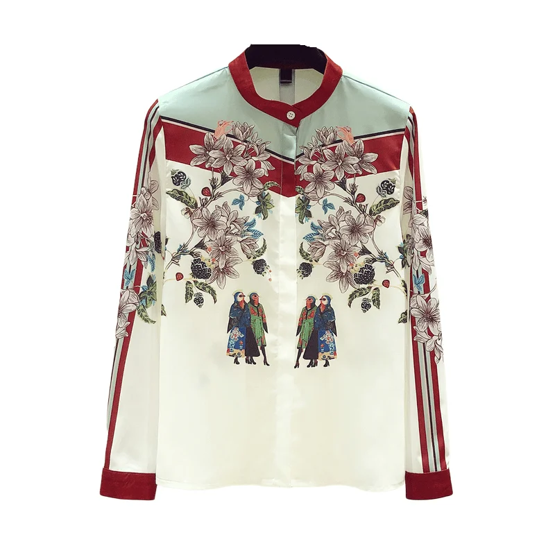 

2021 New Fashion Chiffon Blouse Office Lady Camisas Mujer Stand Collar Vintage Print Spring Tops Women Shirts Blusas Woman