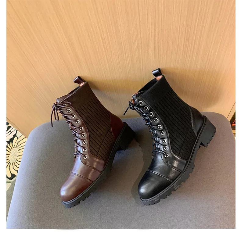 

2020 New Autumn / Winter Knitted Martin Boots Women's Round Toe Thick Heel Lace All-Match Casual Elastic FashionThin Short Boots