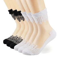 womens 6 pairs ultrathin transparent black white cotton lace elastic short socks c1s2