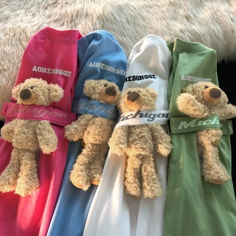 

Womens T-shirt Harajuku Girl Doll Bear Top O-neck Short-sleeved Loose Summer T-shirt Solid Color T-shirt for Women Doll Playable