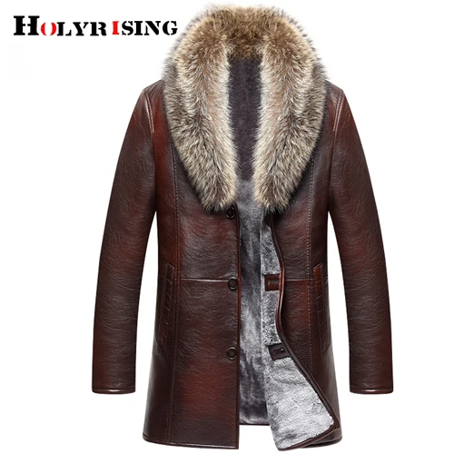Holyrising, мужское кожаное пальто с натуральным животным меховым воротником, пальто из искусственной кожи, теплое утепленное Мужское пальто с мехом 19001-5 - Цвет: Brown