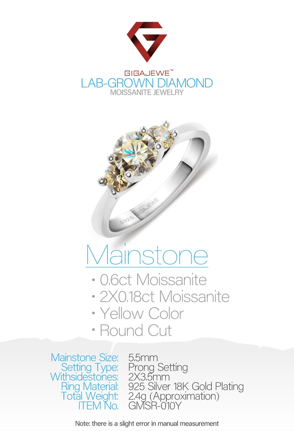 GIGAJEWE Moissanite 1ct 5,5 мм+ 2X3,5 мм круглая огранка желтого цвета 925 Серебряное кольцо золотое многослойное покрытие модный подарок для девушки