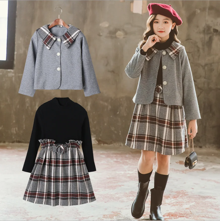 

Children's Student Girl Dress Spring New 2021 Korean Casual Summer Plaid Short Jacket Girl Suit