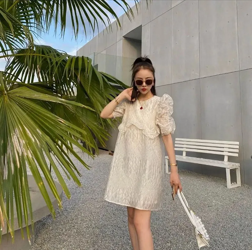 

2021 Summer Ladies French White New Design Ladies Above Knee Dress Women Elegant Retro Puff Sleeve Fashion Sweet Short Dress