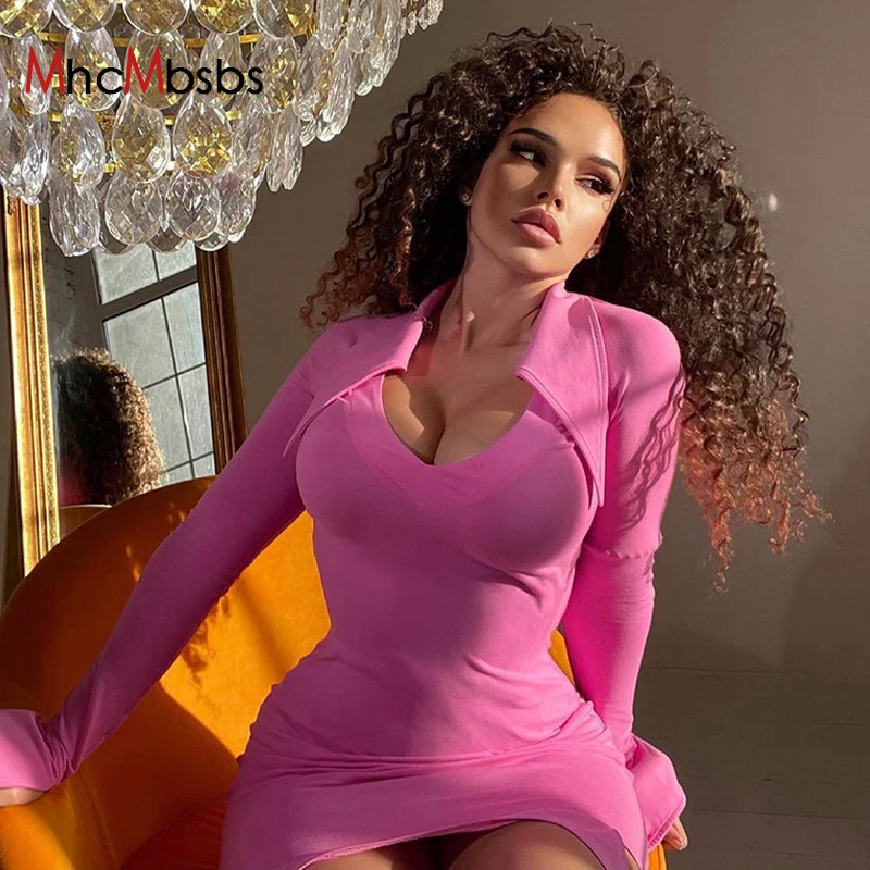 

Flare Long Sleeve Sexy Irregular Women's Mini Dress Lapel Low Cut Dresses Pink Aesthetic Party Streetwear Bodycon Vestidos 2021