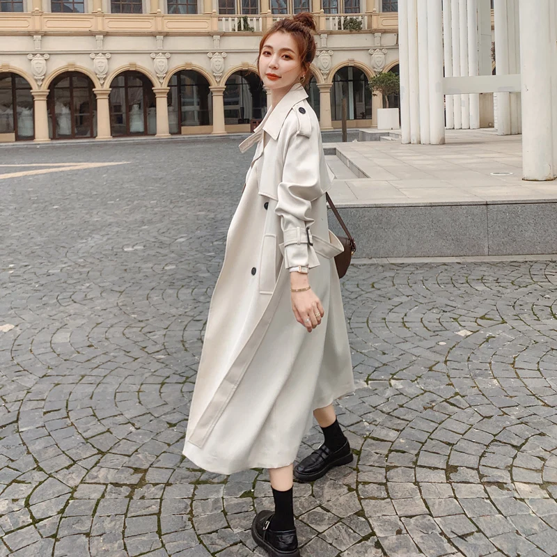 

2020 Spring Women long Trench coat fashion wind double breasted with waist belt outwear trench coat Plus size windbreaker female