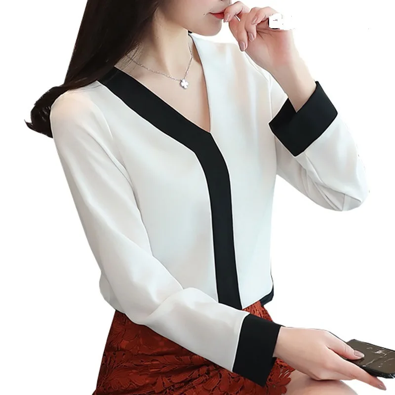 Весна лето новые женские блузки с длинным рукавом v-образным вырезом шифоновые