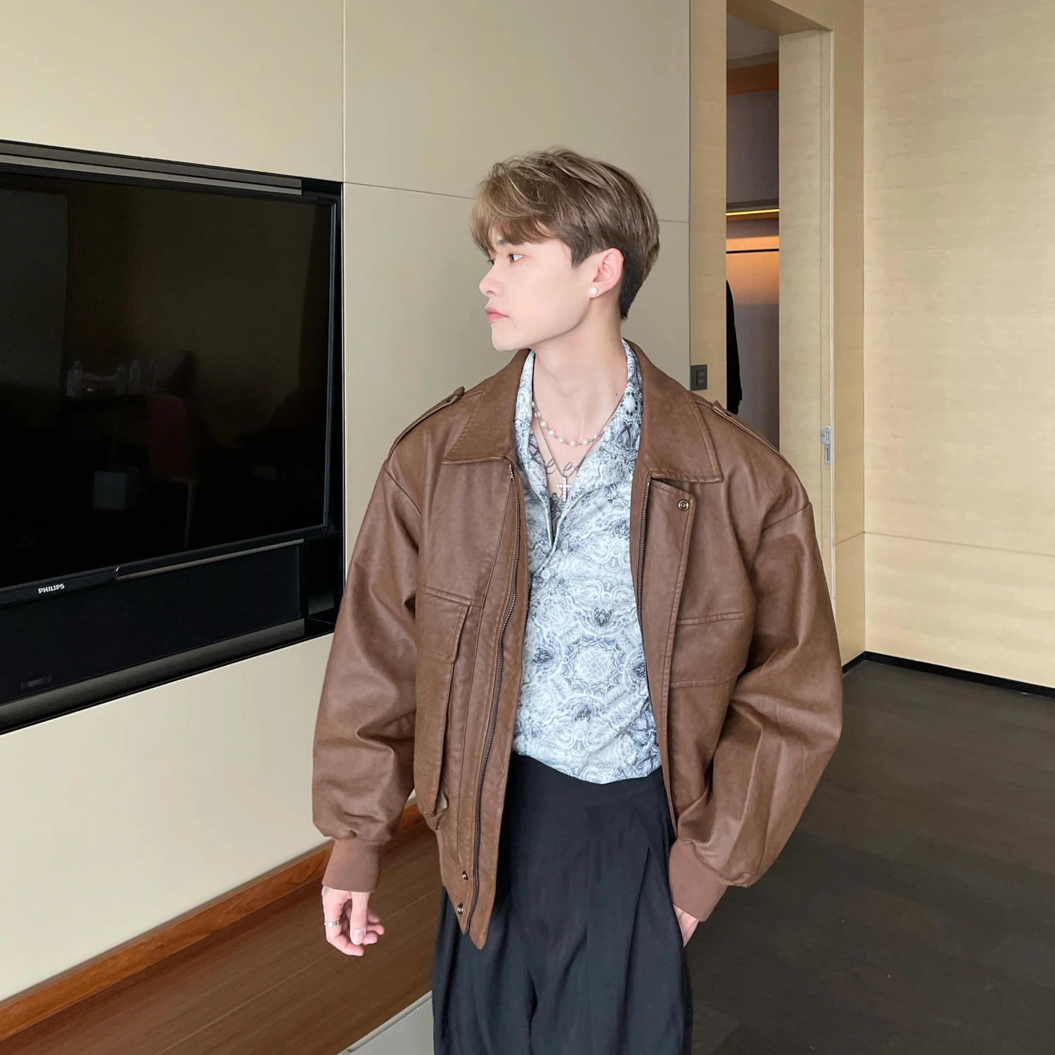 

Four Seasons Men's Faux Leather Vintage Jacket Casual Turn-down Collar Black Brown Outwear Coat M49